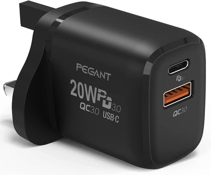 PEGANT 20W USB C PD Fast Charger, Dual Port Type-C QC3.0 Wall Adapter UK Plug, compatible with iPhone 13/12/12 Mini/12 Pro/12 Pro Max, Galaxy, Pixel 4/3, iPad Pro, AirPods Pro