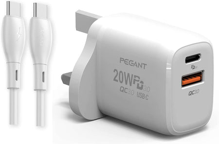 PEGANT 20W USB C PD Fast Charger with USB-C C-C Cable Dual Port Type-C QC3.0 Wall Adapter UK Plug for Samsung Pixel Huawei OnePlus Xiaomi and More (C-C Cable, White)