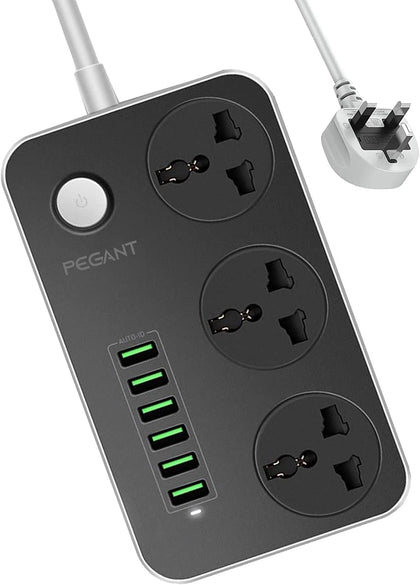 PEGANT 3 Way Power Extension Cord, 3 Universal Plugs Power Strip, 6 USB Fast Charging Ports 2 Meters Cable Surge Protector