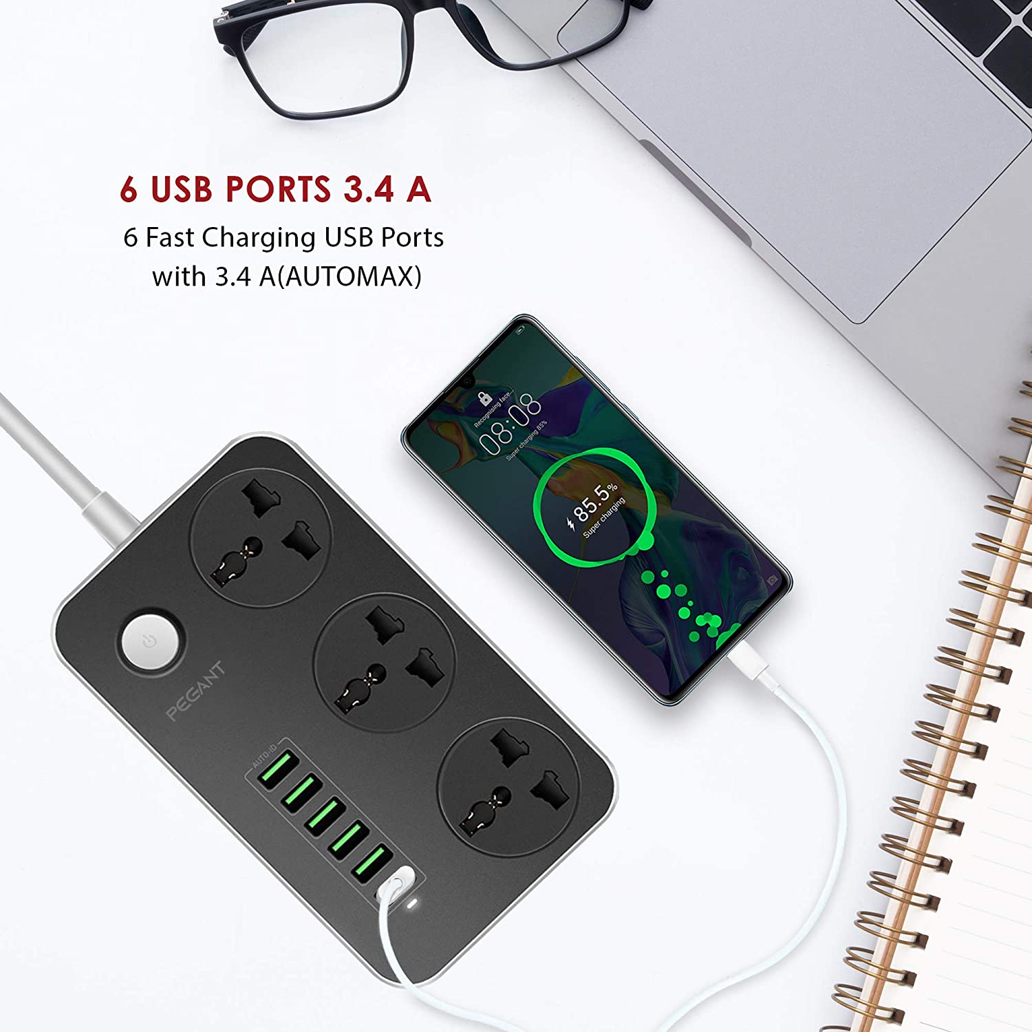 PEGANT 3 Way Power Extension Cord, 3 Universal Plugs Power Strip, 6 USB Fast Charging Ports 2 Meters Cable Surge Protector