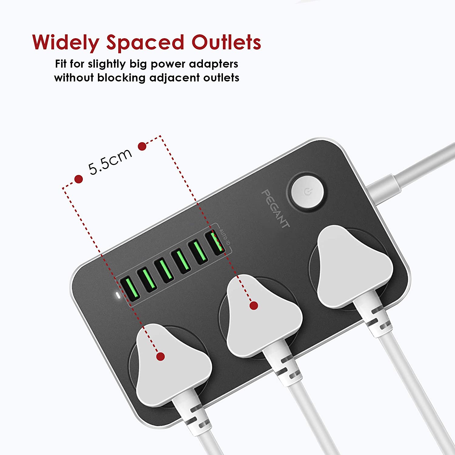 PEGANT 3 Way Power Extension Cord, 3 Universal Plugs Power Strip, 6 USB Fast Charging Ports 2 Meters Cable Surge Protector