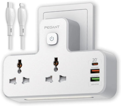 PEGANT 3 in 1 Power Extension Socket Plug Adapter with USB-C for Lightning Cable for iPhone, 20W USB-C PD Quick Charge Port, 2 USB-A QC3.0, 2 Universal Outlets Power Extender UK plug