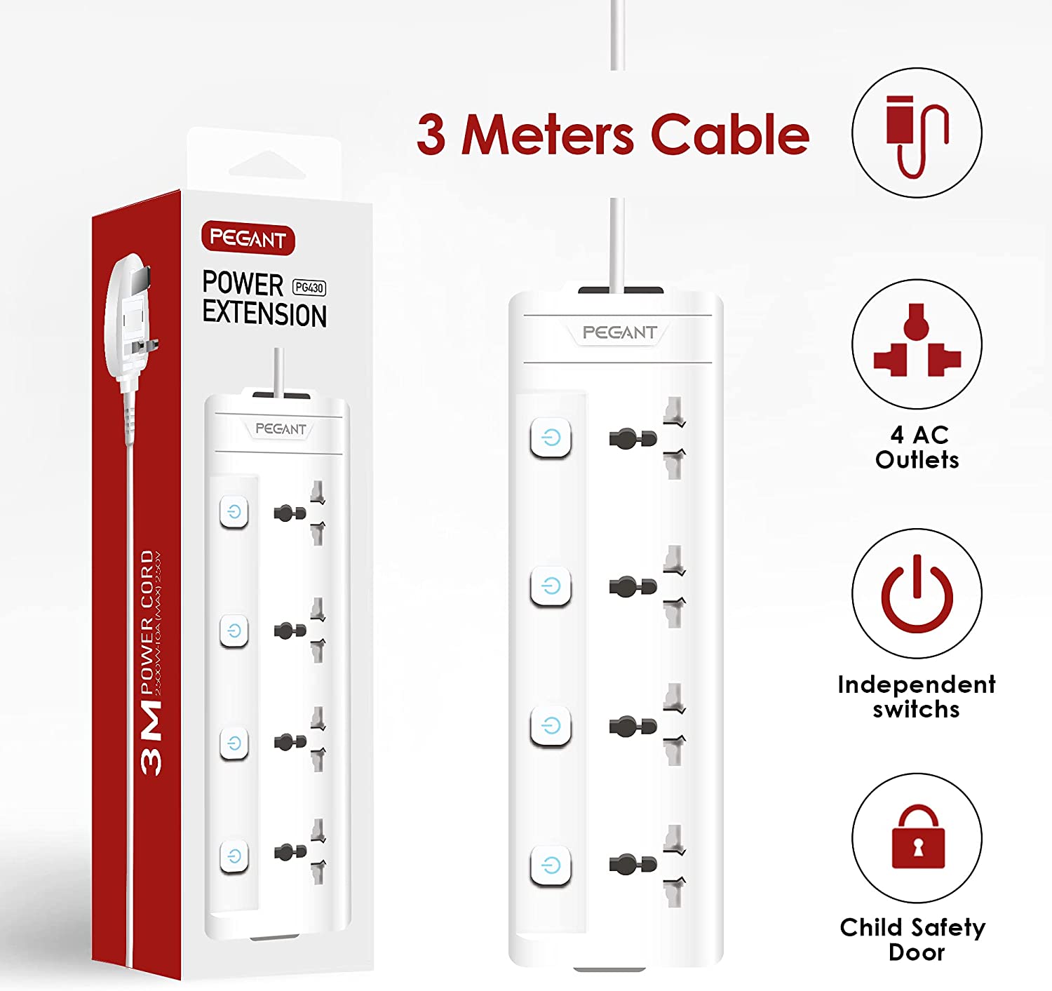 PEGANT 4 Way 3M Power Extension Cord 4 Universal Outlets Electrical Strip UK Plug 3 Meters Cable 250V 2500W Surge Protector (4 Way 3M)