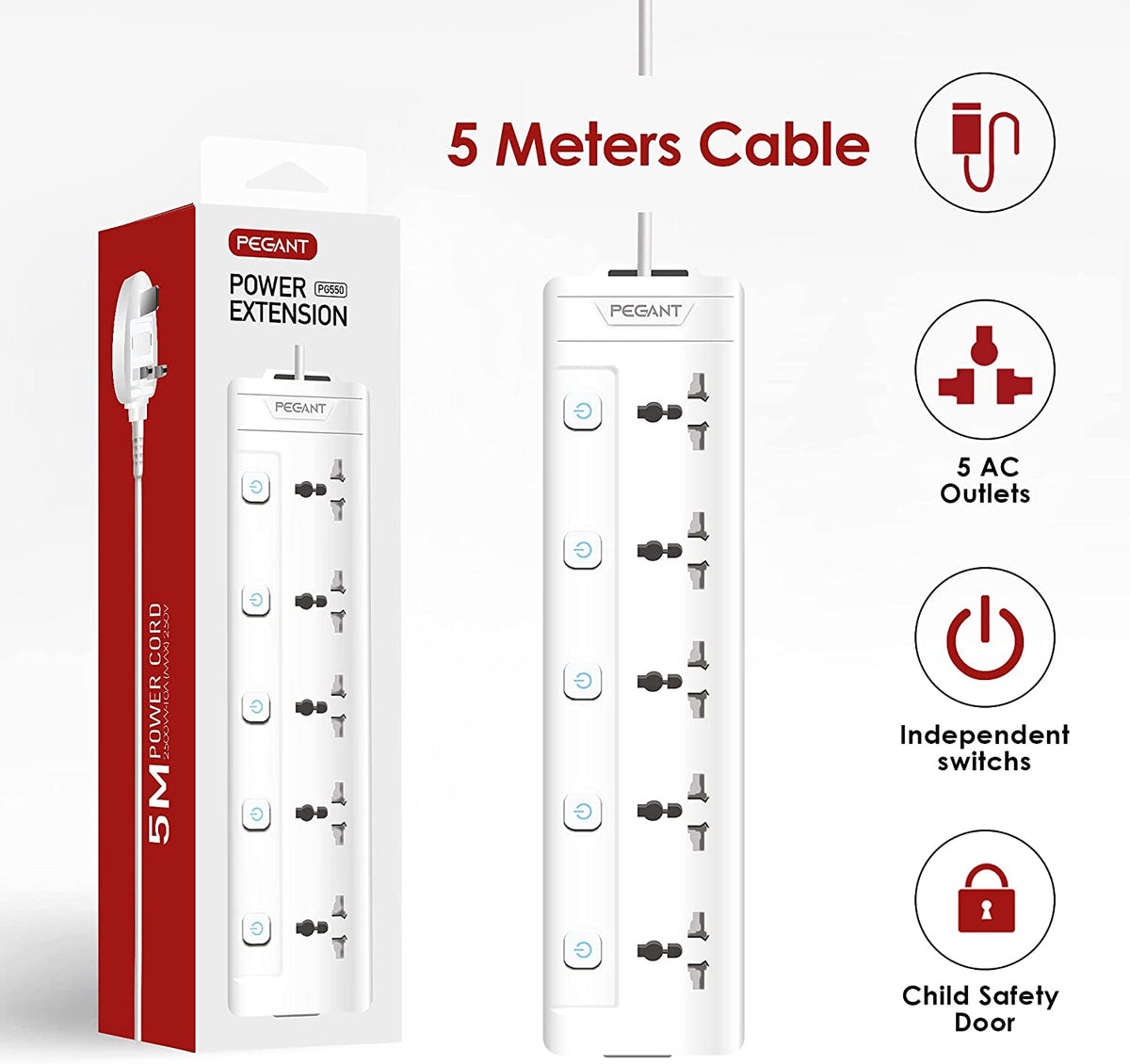 5 Meter Power Rope PEGANT 5 Way 5M Power Extension Cord 5 Universal Outlets Electrical St