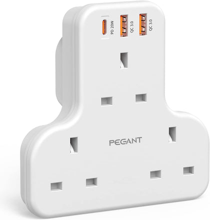 PEGANT Multi Plug Extension Power Adapter With 2 USB and 20W USB-C Fast Charging, 3 Way Wall Charger Electrical Extender Outlet Adaptor, Socket Charging Station