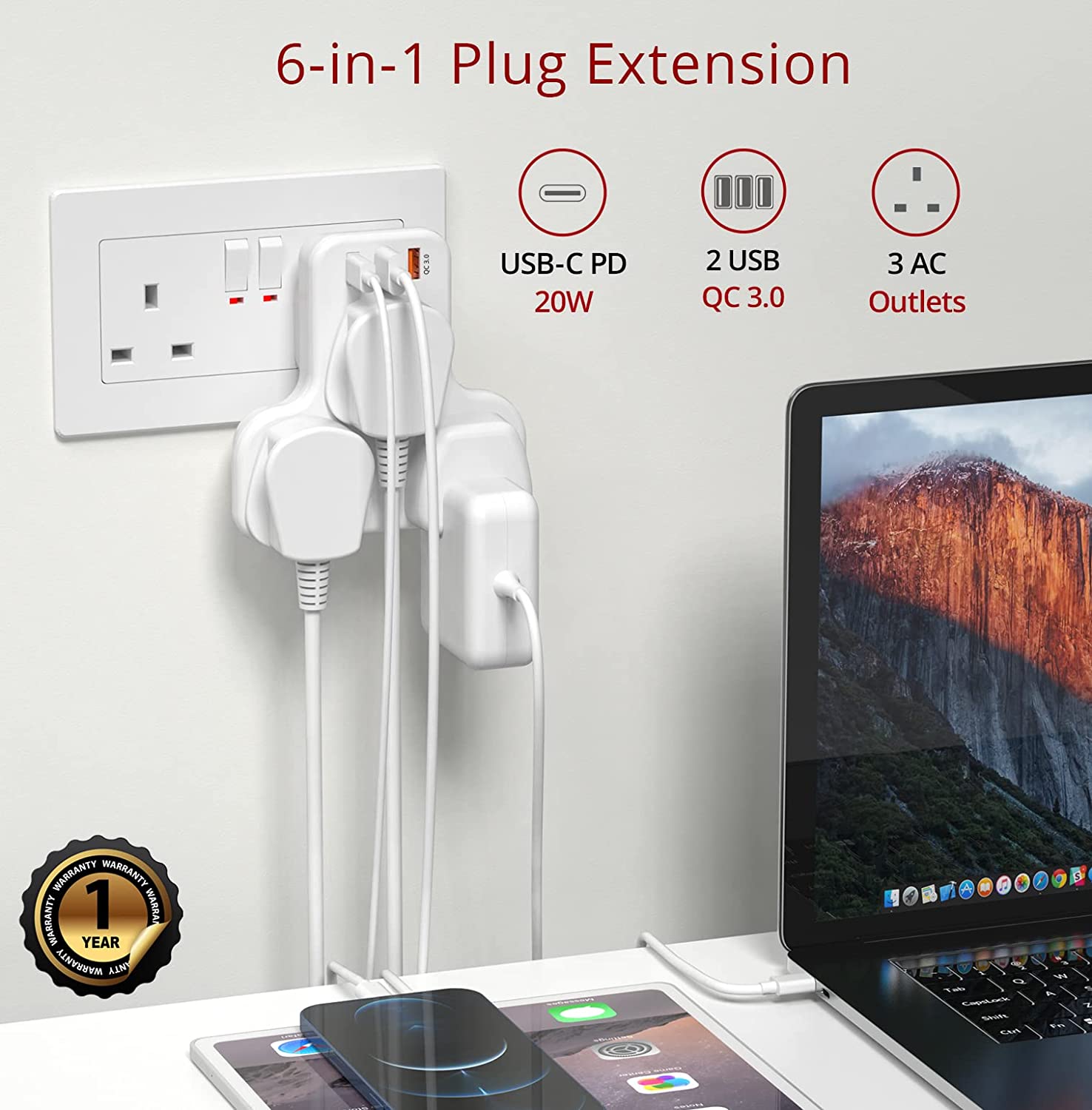 PEGANT Multi Plug Extension Power Adapter with USB-C for Lightning Cab, image size:1476x1500