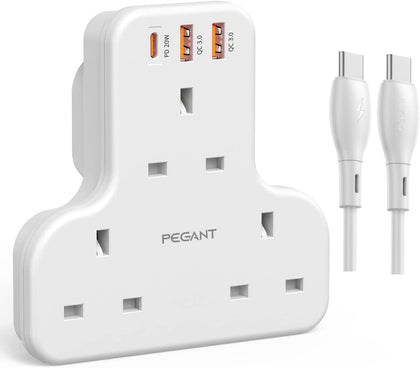 PEGANT Multi Plug Extension Power Adapter with USB-C to USB-C Cable, 2x USB-A and 20W USB-C Ports, 3 Way Wall Charger Electrical Extender Outlet Adaptor (USB-C to USB-C Cable)