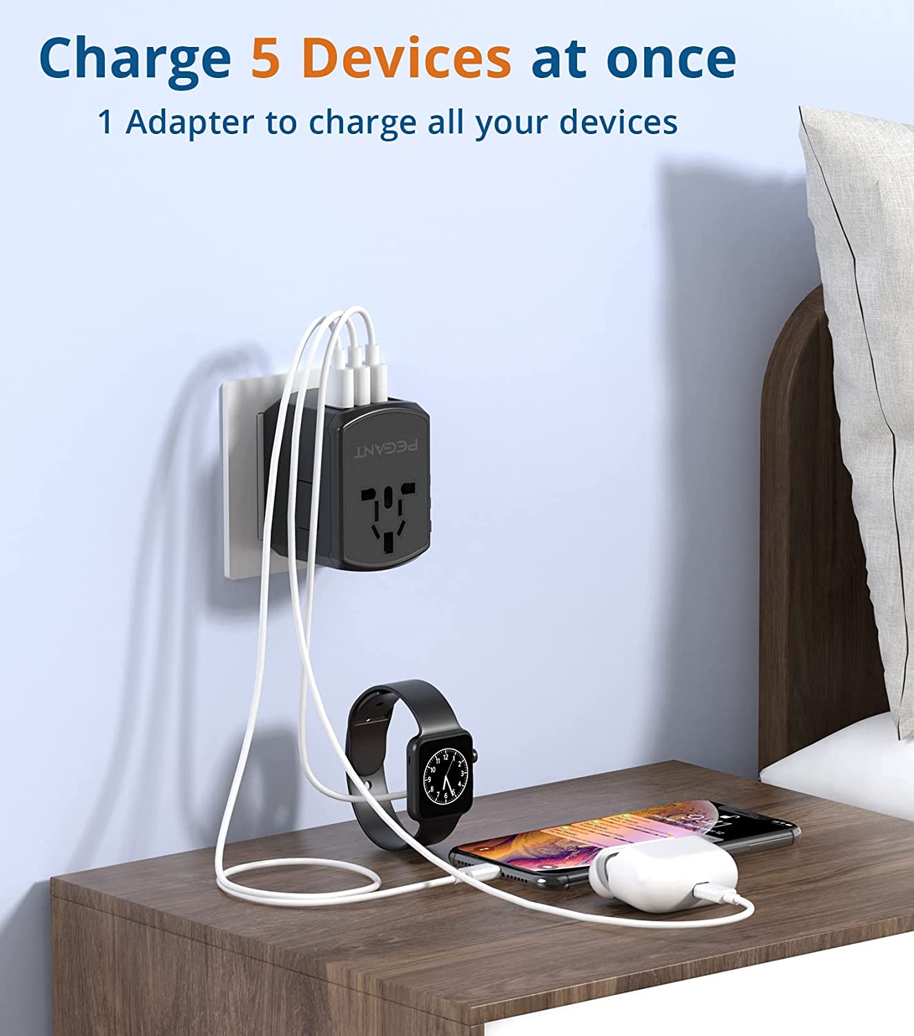 PEGANT Universal Travel Power Adapter International Worldwide Wall 4 USB Fast Charging Ports, Plug Adapter with Zipper Travel Pouch for USA EU UK AUS 4.5A (4 USB)