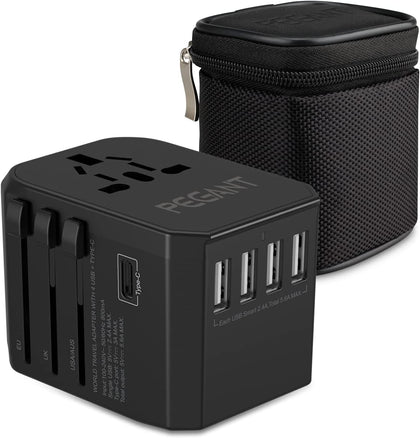 PEGANT Universal Travel Power Adapter International Worldwide Wall 5 USB, Fast Charging Type-C Port, Plug Adapter with Zipper Travel Pouch for USA EU UK AUS 5.6A (5 USB)