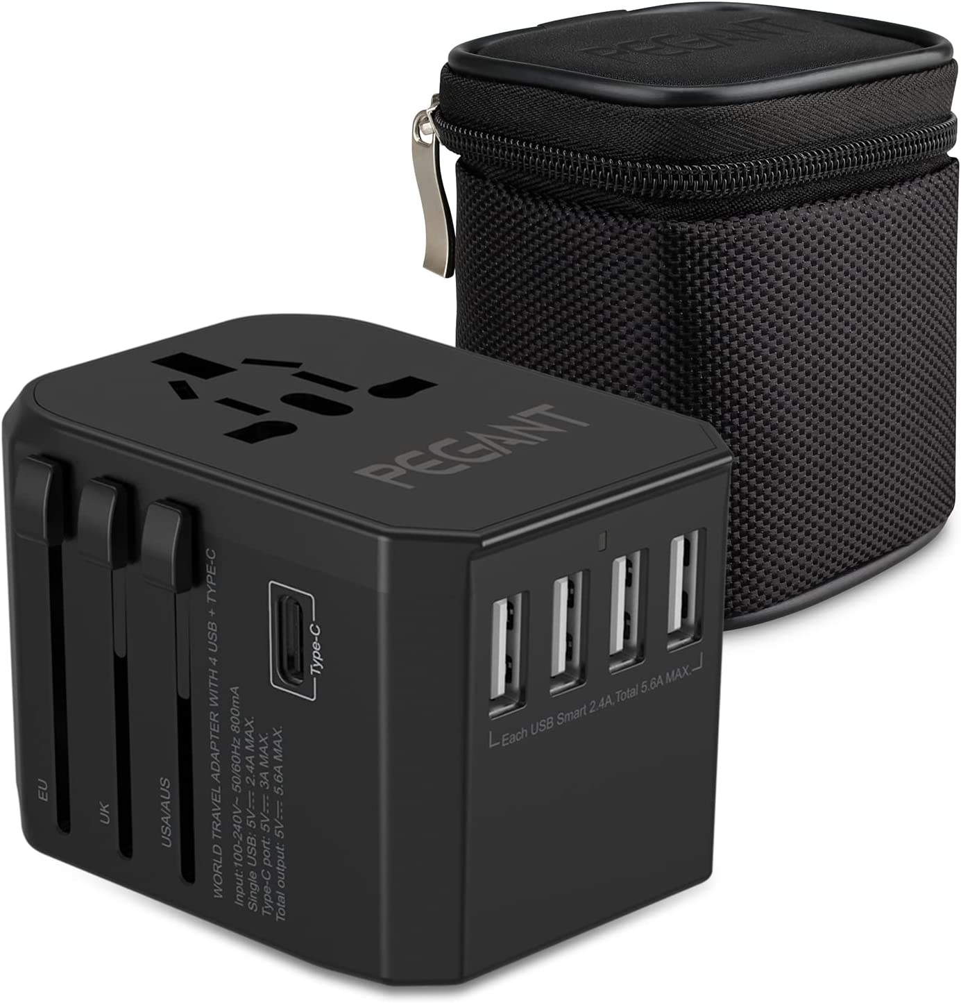 PEGANT USB-C Universal Travel Power Adapter International Worldwide with 5 USB, Fast Charging Type-C Port, Plug Adapter with USB-C Cable