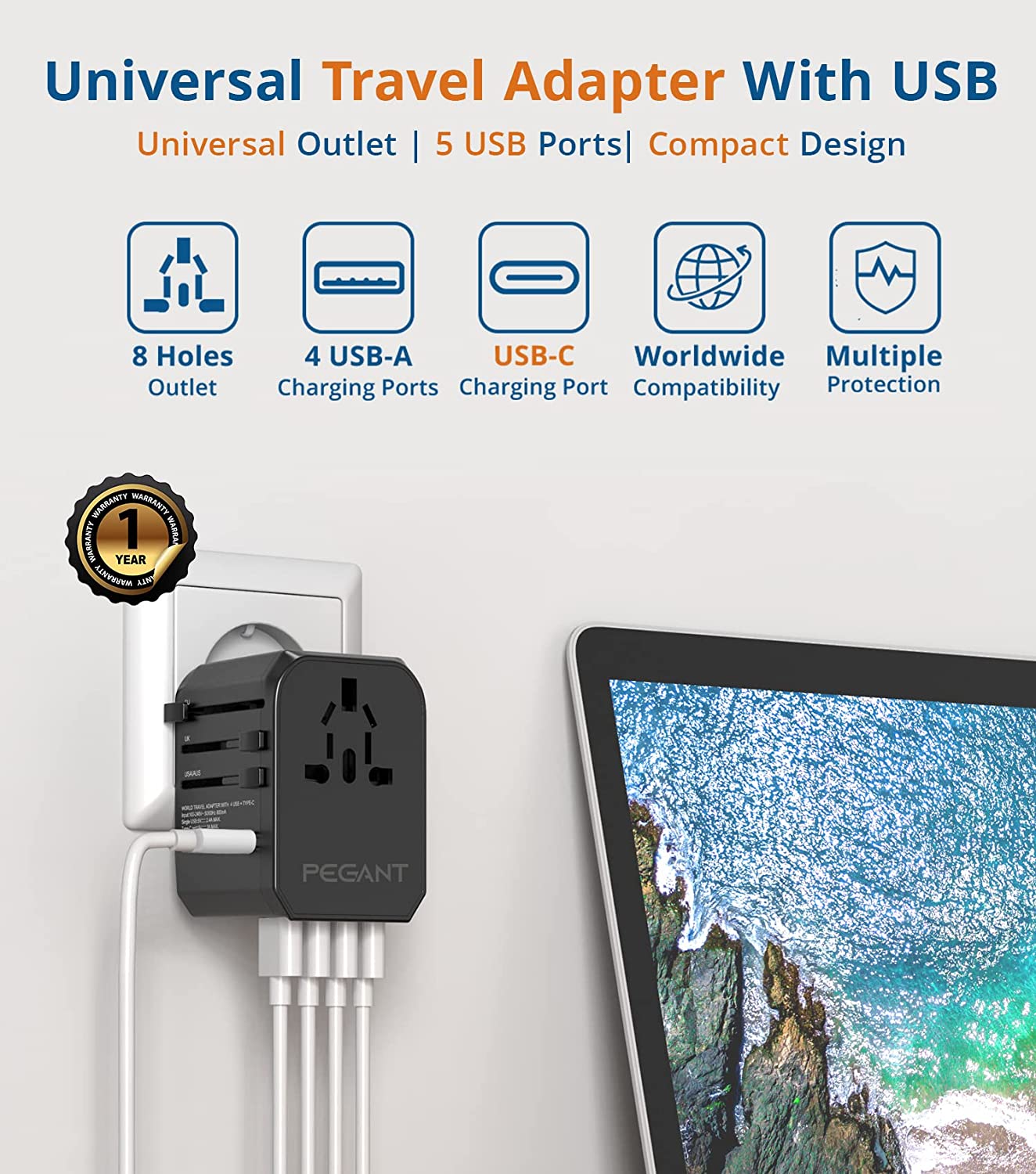 PEGANT USB-C Universal Travel Power Adapter International Worldwide with 5 USB, Fast Charging Type-C Port, Plug Adapter with USB-C Cable