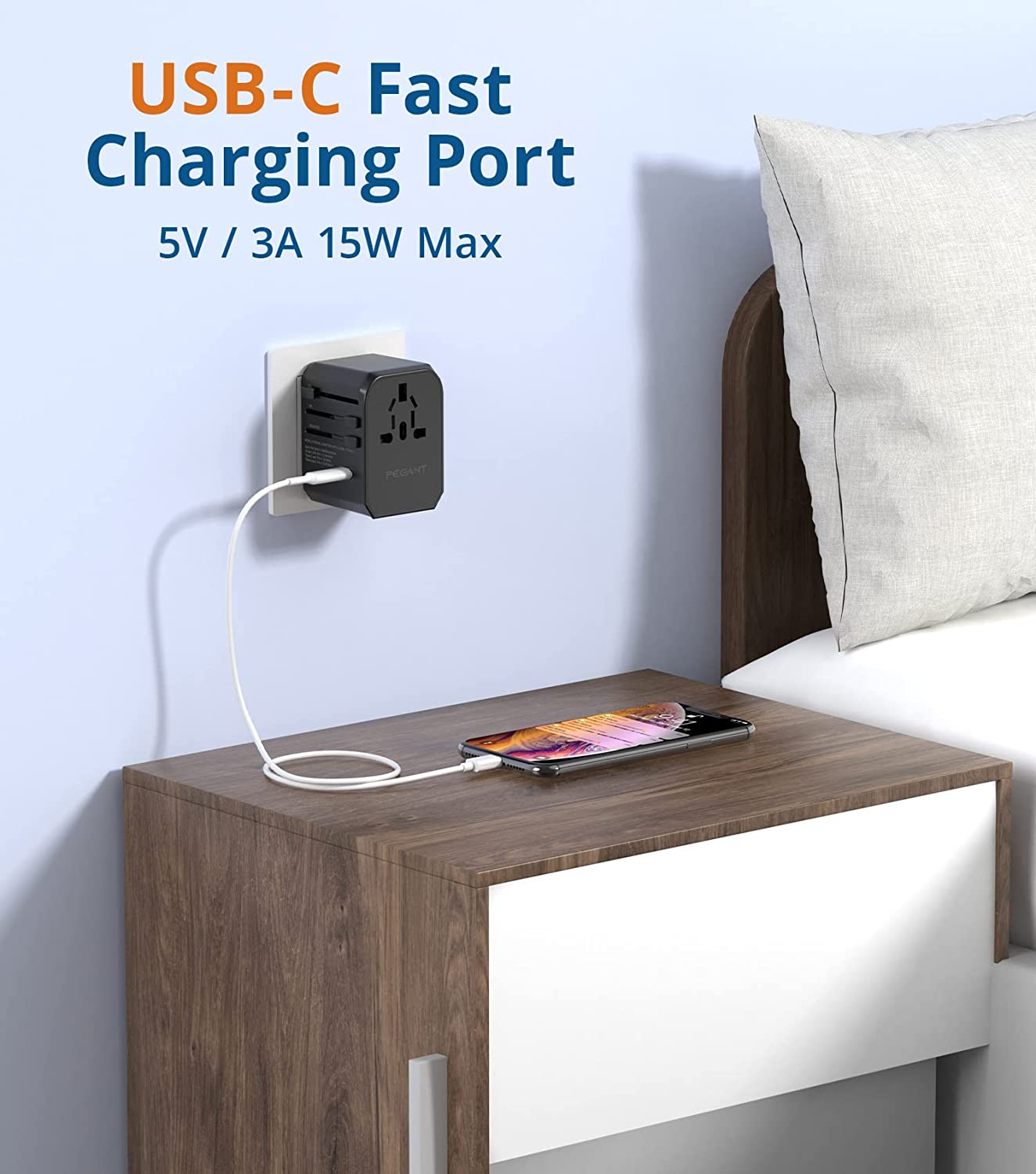 PEGANT USB-C Universal Travel Power Adapter International Worldwide with 5 USB, Fast Charging Type-C Port, Plug Adapter with USB-C Cable