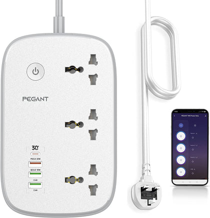 PEGANT Wifi Smart Power Strip Extension Cord Surge Protector Socket Multi Plug, Compatible with Alexa & Google Assistant,3 Universal Electrical Outlets, 30W USB-C Fast Charging, 4 USB-A, 2M Cable