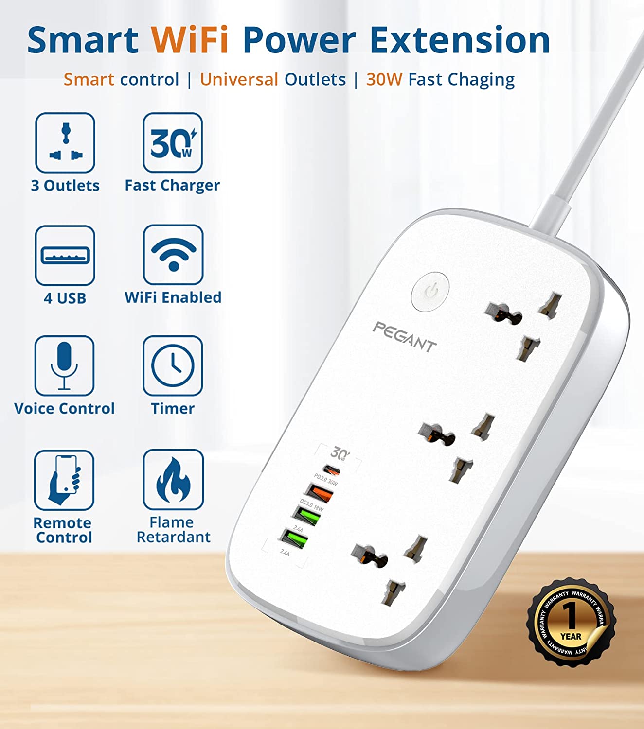 PEGANT Wifi Smart Power Strip Extension Cord Surge Protector Socket Mu