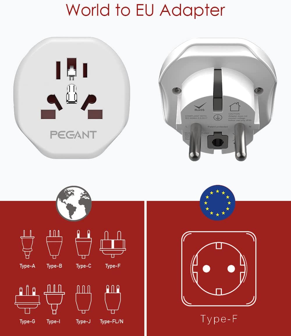 PEGANT World to EU Plug Travel Adapter for All Europe EU/UK/Australia/China/Russia/<br>Turkey/Spain Worldwide Power Outlet Converter