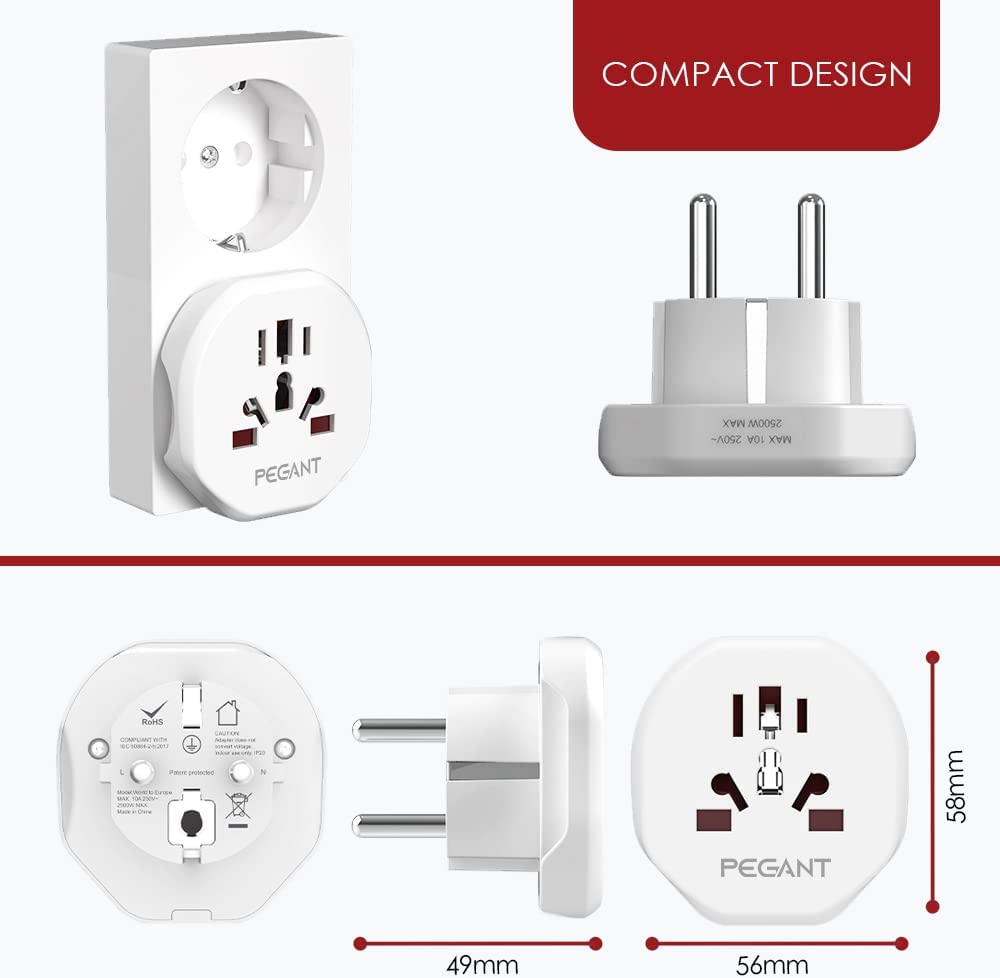 PEGANT World to EU Plug Travel Adapter for All Europe EU/UK/Australia/China/Russia/<br>Turkey/Spain Worldwide Power Outlet Converter